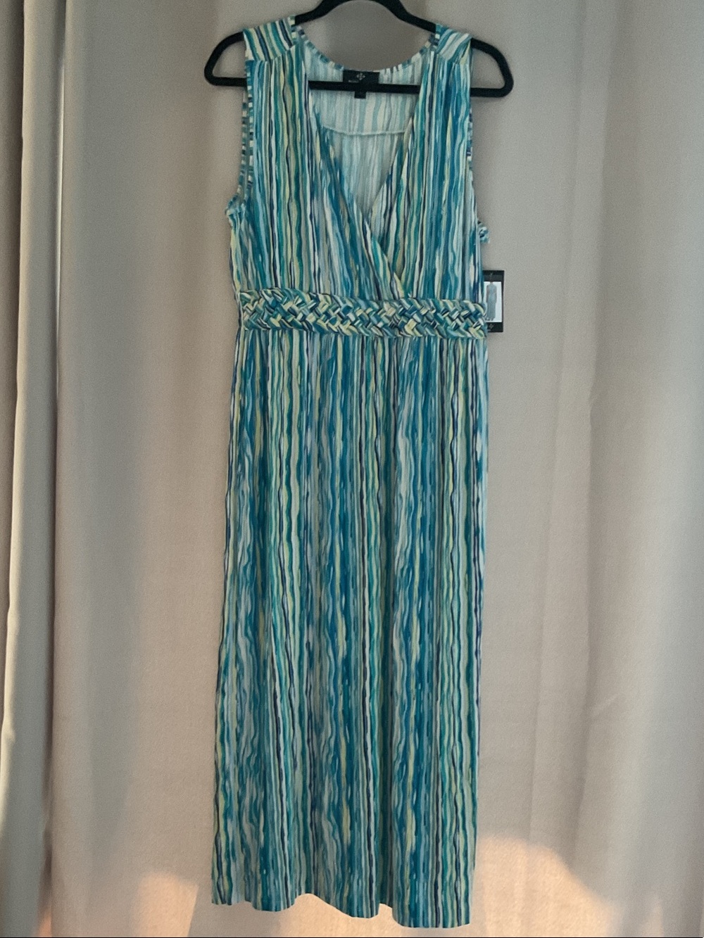 Ronni Nicole Teal & White Striped Braided-Waist Maxi Dress